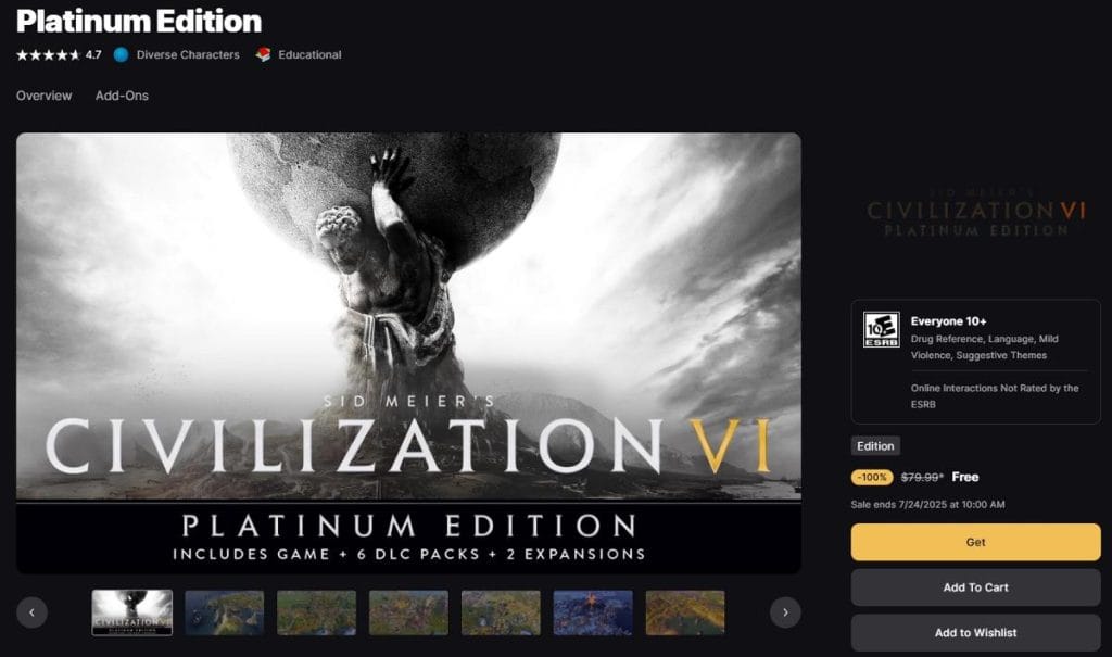 Sid Meier’s Civilization VI Platinum Edition offert gratuitement sur l’Epic Games Store