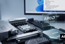 Gros plan sur une carte mère AMD Ryzen avec le chipset en évidence, illustrant la mise à jour du pilote.