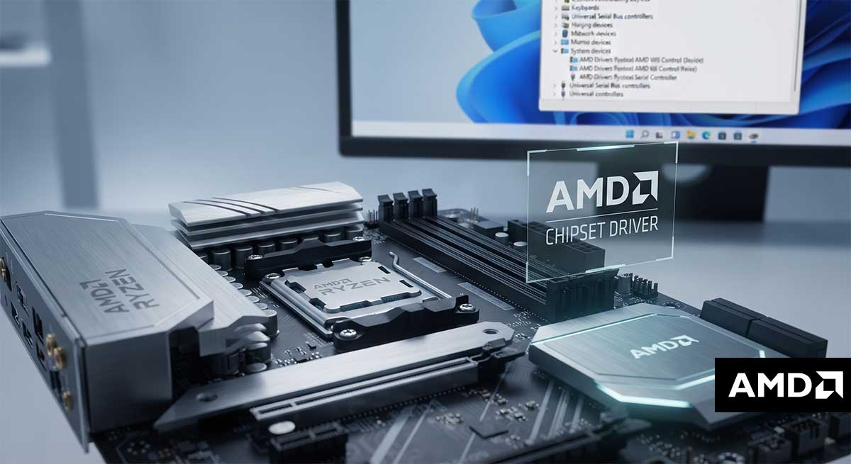 Gros plan sur une carte mère AMD Ryzen avec le chipset en évidence, illustrant la mise à jour du pilote.