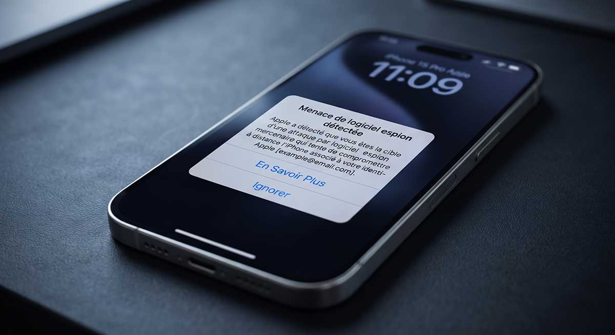 iPhone affichant une notification d'alerte de sécurité d'Apple concernant des logiciels espions.