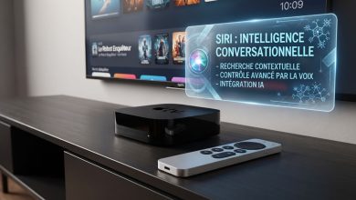 Apple TV 4K avec télécommande et interface tvOS 27 affichant Siri amélioré par l'IA.