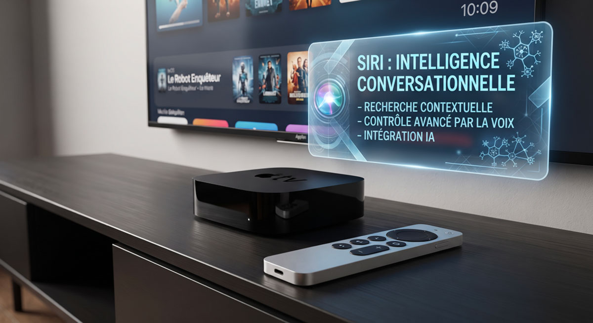 Apple TV 4K avec télécommande et interface tvOS 27 affichant Siri amélioré par l'IA.