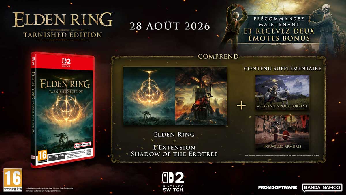 Consoles Nintendo Switch 2 affichant Elden Ring pour sa sortie avec une indication sur le prix.