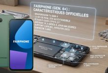 Gros plan sur l'intérieur modulaire du Fairphone (Gen. 6+) démonté sur un établi, montrant ses 12 pièces remplaçables.