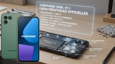 Gros plan sur l'intérieur modulaire du Fairphone (Gen. 6+) démonté sur un établi, montrant ses 12 pièces remplaçables.