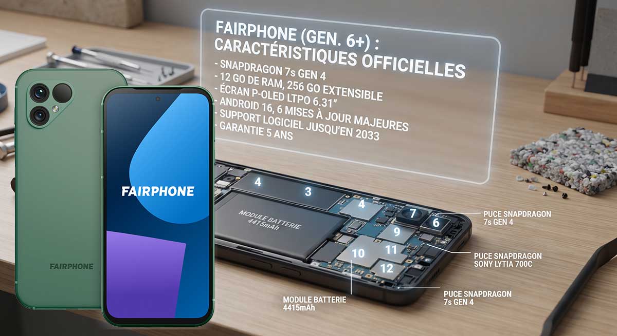Gros plan sur l'intérieur modulaire du Fairphone (Gen. 6+) démonté sur un établi, montrant ses 12 pièces remplaçables.