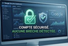 Tableau de bord de sécurité Google avec cadenas vert et message de sécurité "Aucune brèche détectée".