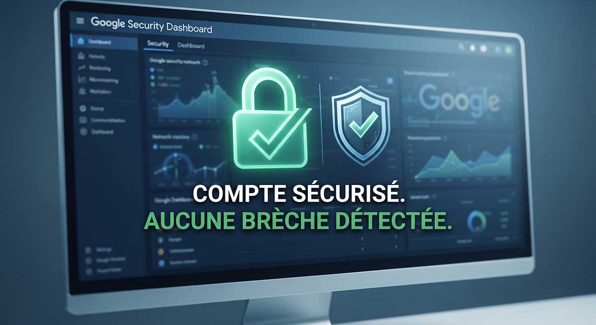 Tableau de bord de sécurité Google avec cadenas vert et message de sécurité "Aucune brèche détectée".