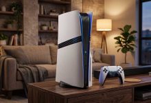Console PS5 Pro posée sur un meuble avec manette DualSense dans un salon moderne