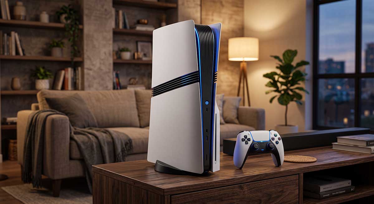 Console PS5 Pro posée sur un meuble avec manette DualSense dans un salon moderne