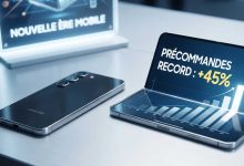 Samsung Galaxy Z Fold 8 ouvert et Galaxy S26 côte à côte, affichant un graphique de précommandes record.