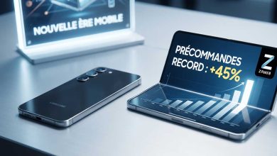 Samsung Galaxy Z Fold 8 ouvert et Galaxy S26 côte à côte, affichant un graphique de précommandes record.