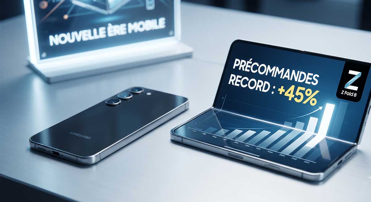Samsung Galaxy Z Fold 8 ouvert et Galaxy S26 côte à côte, affichant un graphique de précommandes record.