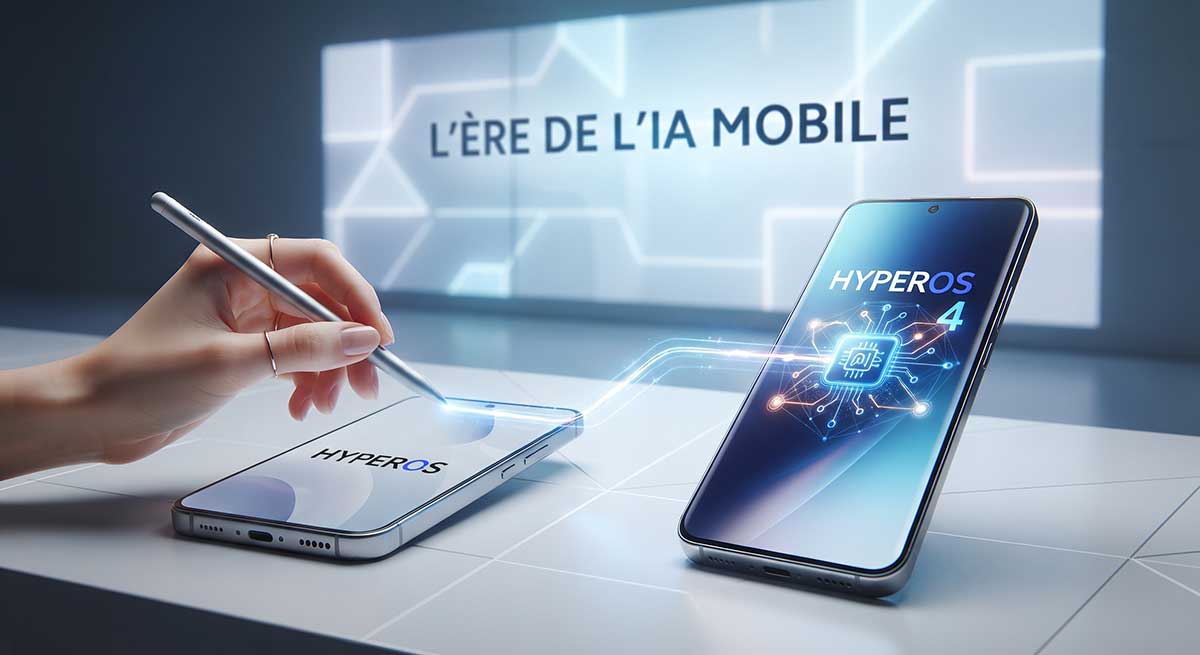 Transition d'HyperOS vers HyperOS 4 sur des smartphones Xiaomi, illustrant l'arrivée de l'IA.