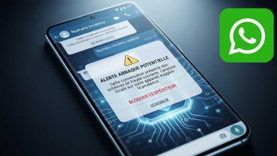 Smartphone affichant une alerte anti-arnaque de WhatsApp sur l'écran.