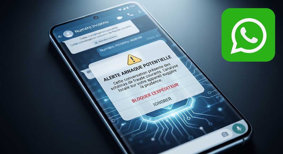 Smartphone affichant une alerte anti-arnaque de WhatsApp sur l'écran.
