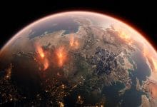 Vue orbitale d'une planète extraterrestre industrielle montrant les effets du réchauffement climatique.