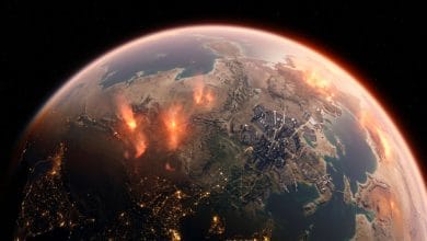 Vue orbitale d'une planète extraterrestre industrielle montrant les effets du réchauffement climatique.