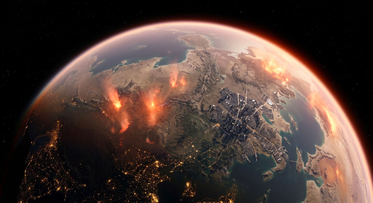 Vue orbitale d'une planète extraterrestre industrielle montrant les effets du réchauffement climatique.