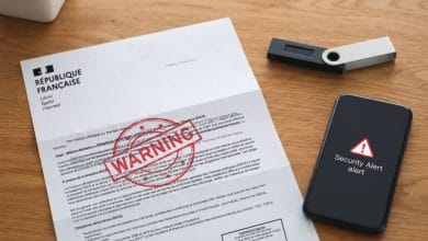 Un courrier postal de mise en demeure des impôts à côté d'un portefeuille de cryptomonnaies sur un bureau.