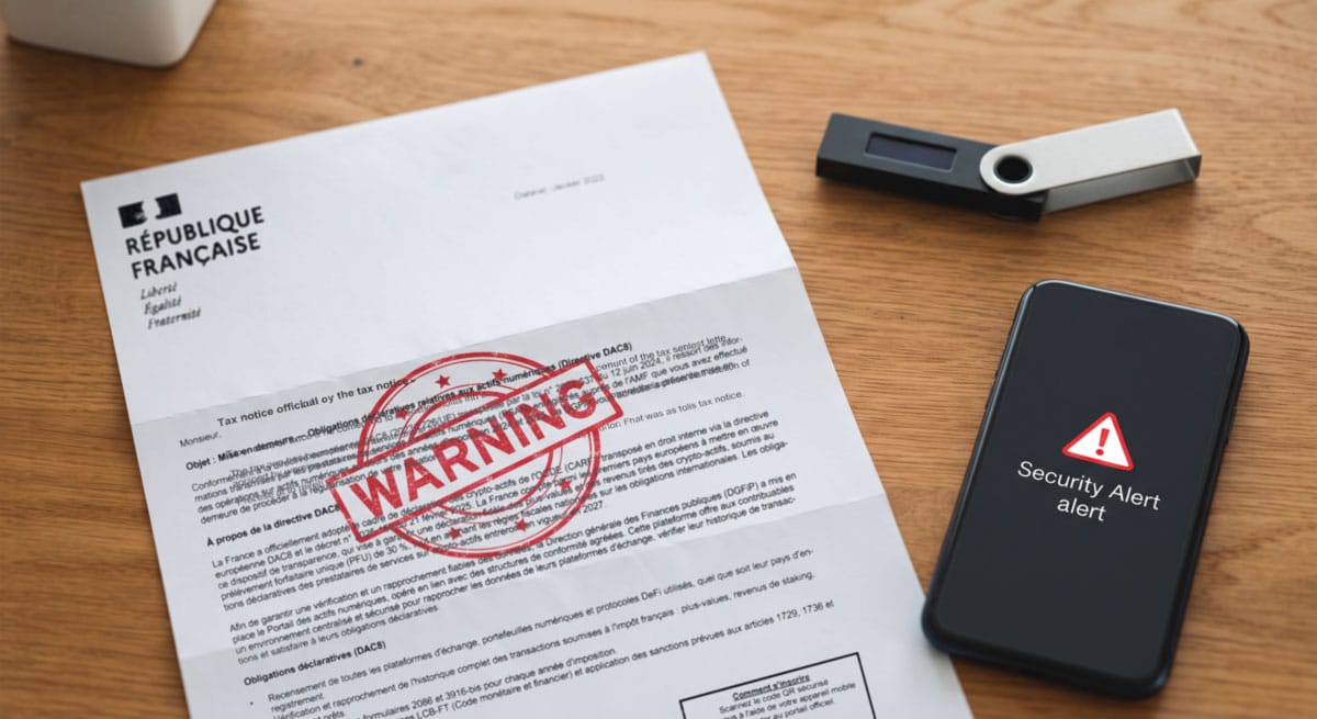 Un courrier postal de mise en demeure des impôts à côté d'un portefeuille de cryptomonnaies sur un bureau.