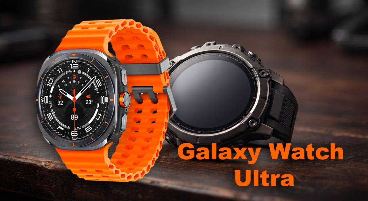 Gros plan sur une montre connectée Galaxy Watch Ultra posée sur une table sombre.