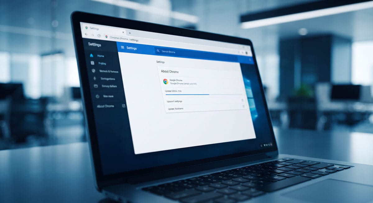 Écran d'ordinateur affichant les paramètres de Google Chrome lors d'une mise à jour de sécurité d'urgence.