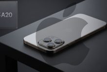 Prototype ou maquette de l'iPhone 18 Pro posé sur un bureau moderne avec un éclairage soigné.