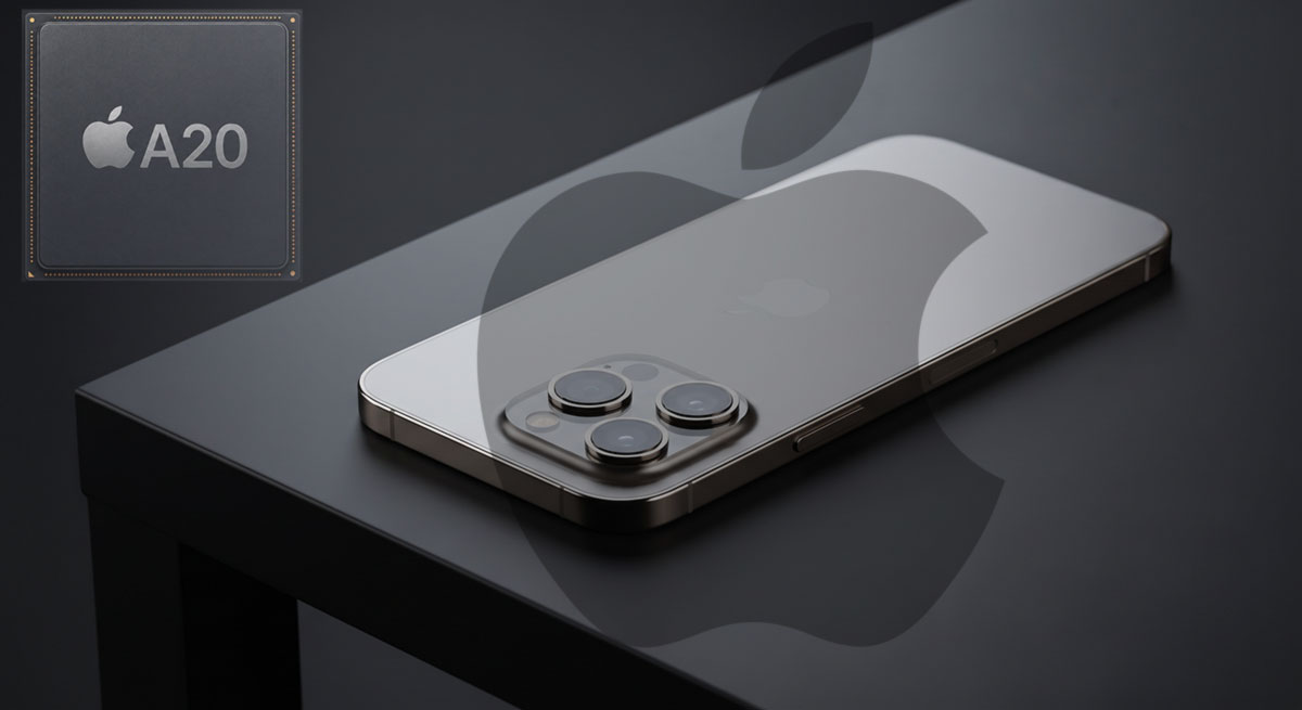 Prototype ou maquette de l'iPhone 18 Pro posé sur un bureau moderne avec un éclairage soigné.