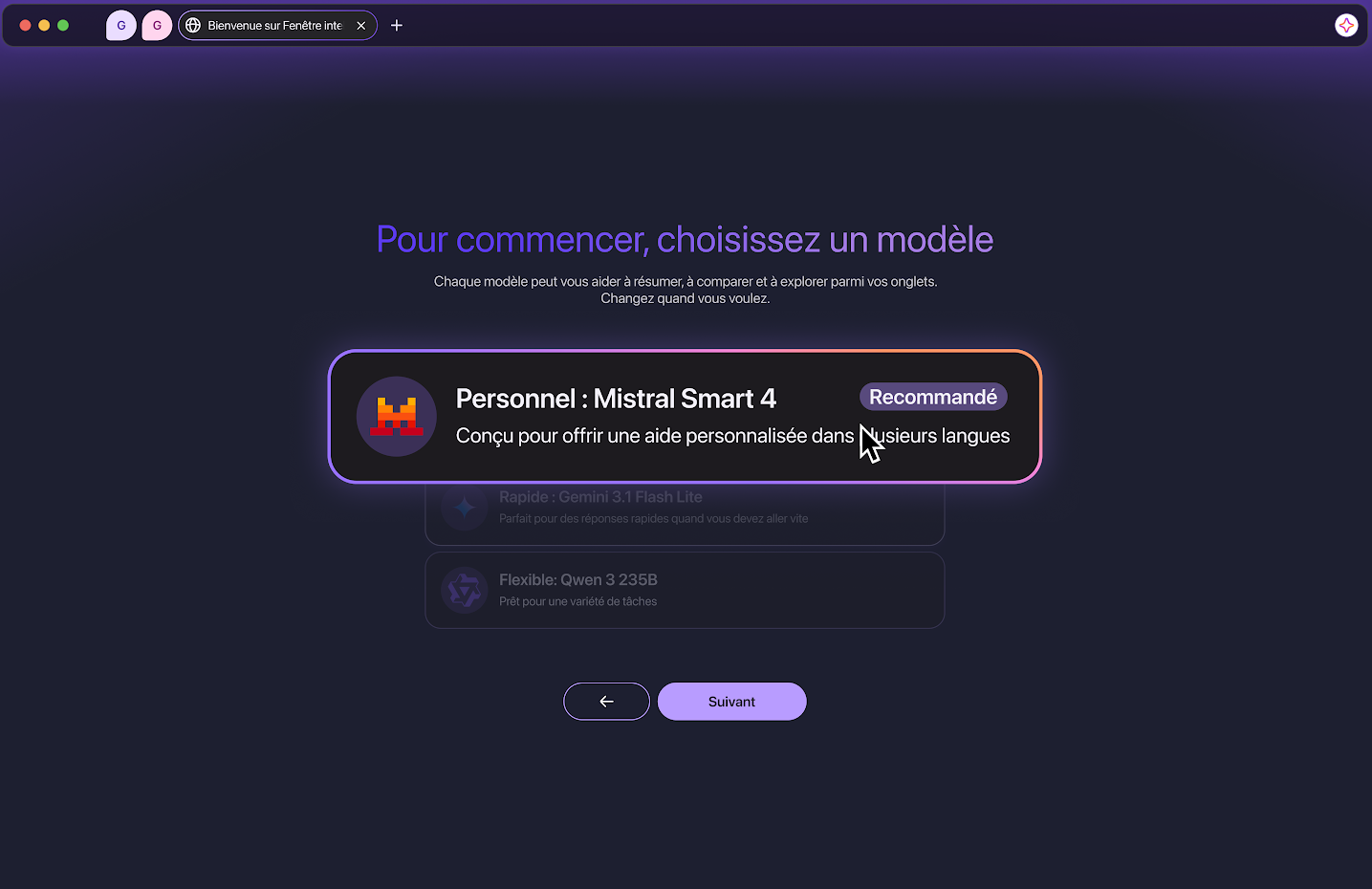 Configuration du modèle d'intelligence artificielle Mistral AI dans la barre latérale de Firefox.
