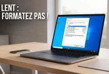 Un ordinateur portable ouvert sur un bureau en bois, avec l'utilitaire "Nettoyage de disque" de Windows affiché à l'écran pour illustrer la réparation