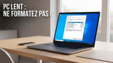 Un ordinateur portable ouvert sur un bureau en bois, avec l'utilitaire "Nettoyage de disque" de Windows affiché à l'écran pour illustrer la réparation