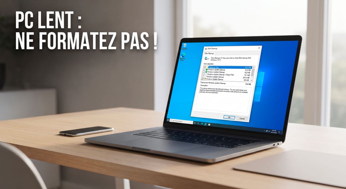 Un ordinateur portable ouvert sur un bureau en bois, avec l'utilitaire "Nettoyage de disque" de Windows affiché à l'écran pour illustrer la réparation