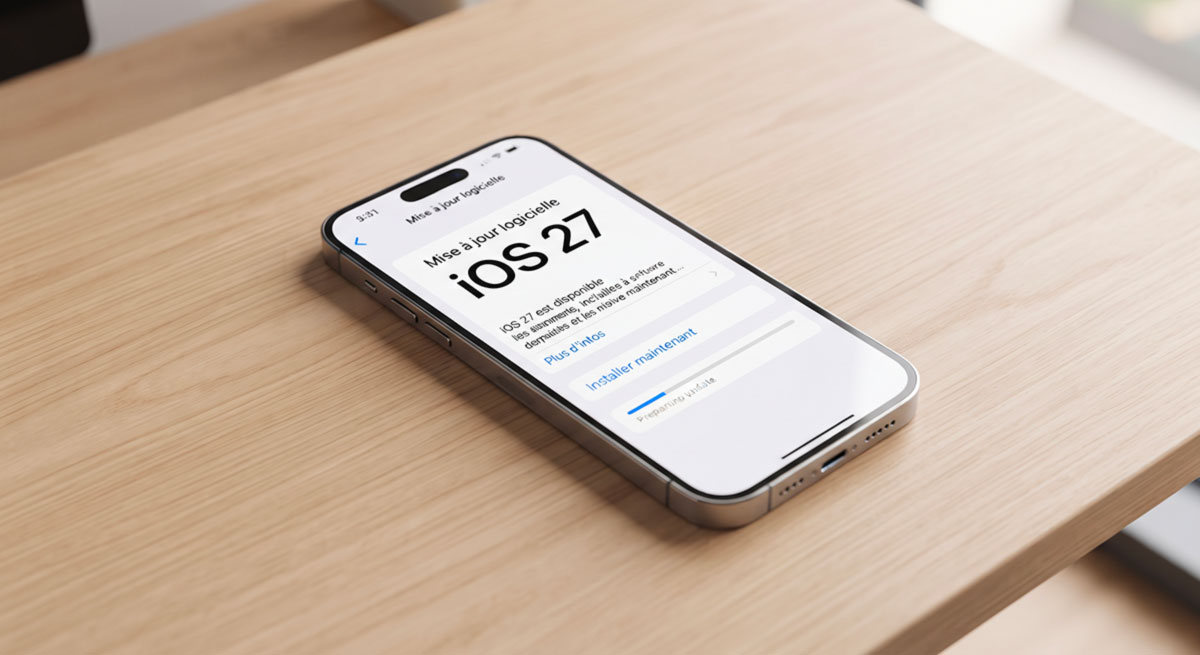 Un iPhone affichant l'écran de mise à jour logicielle iOS 27 sur une table en bois moderne.