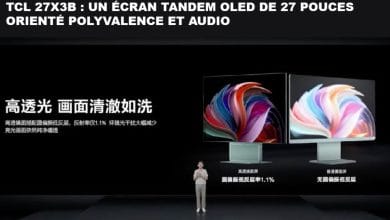 Écran PC TCL 27X3B Tandem OLED posé sur un bureau moderne avec affichage QHD.