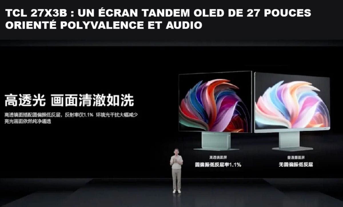 Écran PC TCL 27X3B Tandem OLED posé sur un bureau moderne avec affichage QHD.