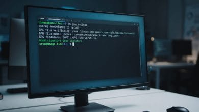 Terminal Linux affichant une ligne de commande pour vérifier une signature GPG de fichier