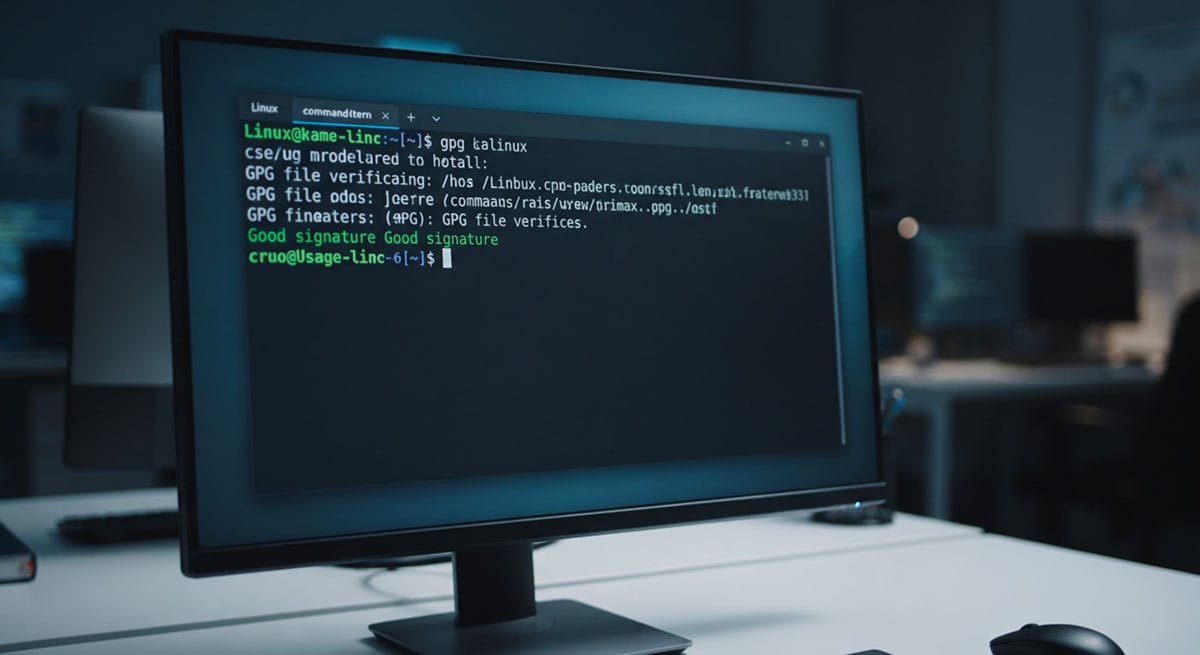 Terminal Linux affichant une ligne de commande pour vérifier une signature GPG de fichier